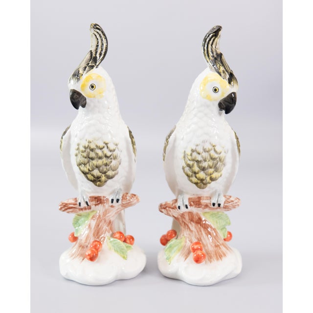 A lovely pair of vintage Italian majolica hand painted majolica porcelain white cockatoos or parrots bird figurines...