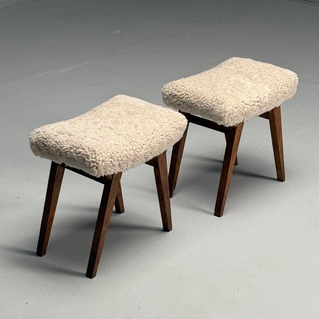 Italian Mid-Century Modern, Rustic Stools, Beige Shearling, Stained ...