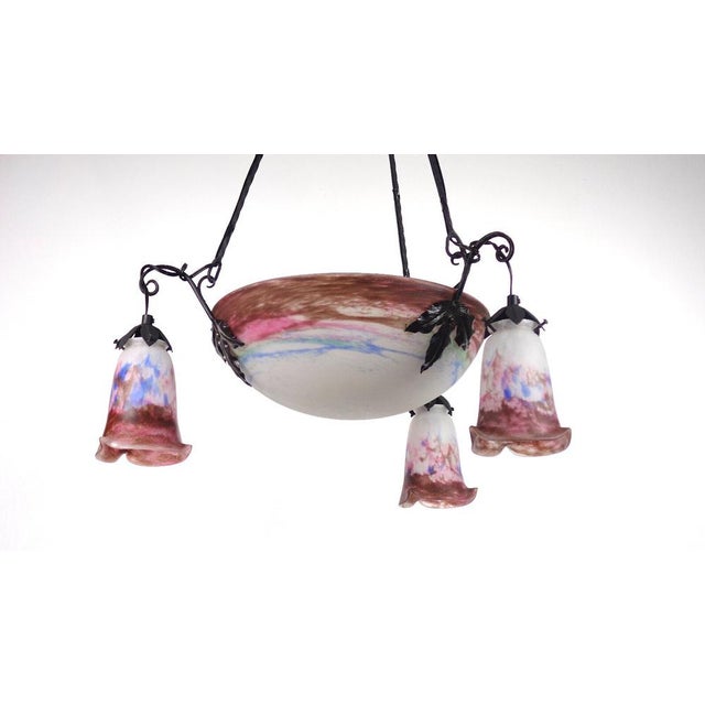 Metal Antique Art Nouveau 4-Light Chandelier from Müller Freres Luneville, 1930s For Sale - Image 7 of 18