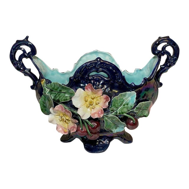 Late 19th Century Barbotine Majolica Flowers and Cherries Cobalt Blue Footed Basket Jardiniere For Sale