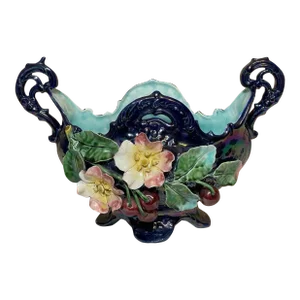 Late 19th Century Barbotine Majolica Flowers and Cherries Cobalt Blue Footed Basket Jardiniere