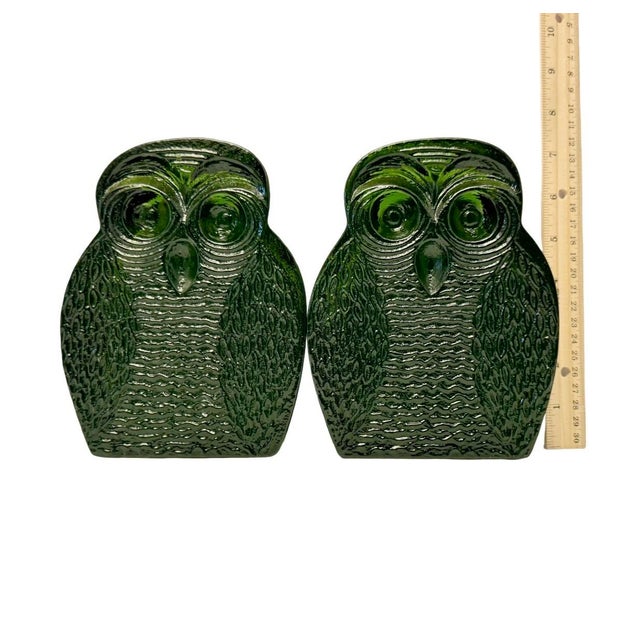 Glass Blenko Glass Owl Bookends Pair Green Emerald Joel Myers 7” Vintage MCM 1960s M4. For Sale - Image 7 of 7