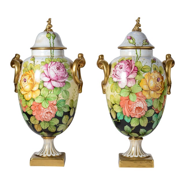 Pair Very Tall Hand Painted Vintage Italian Ceramic Urns, Artist Signed For Sale - Image 4 of 12