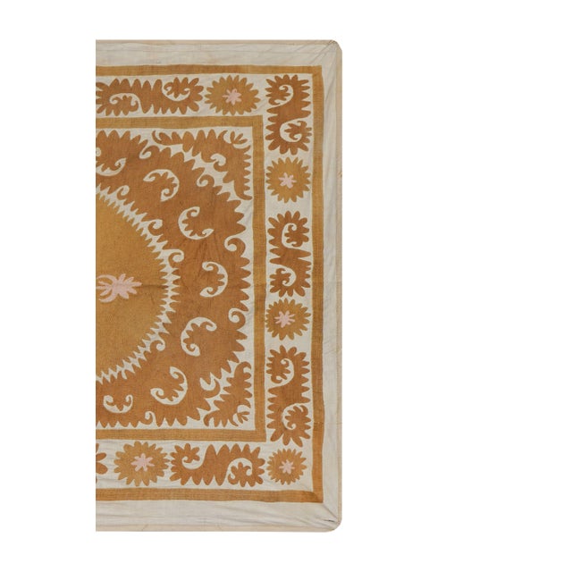 Mid-Century Modern Caramel Toned Suzani Throw Blanket | Hand Embroidered Boho Wall Art 4'4'' X 5'2'' For Sale - Image 3 of 14
