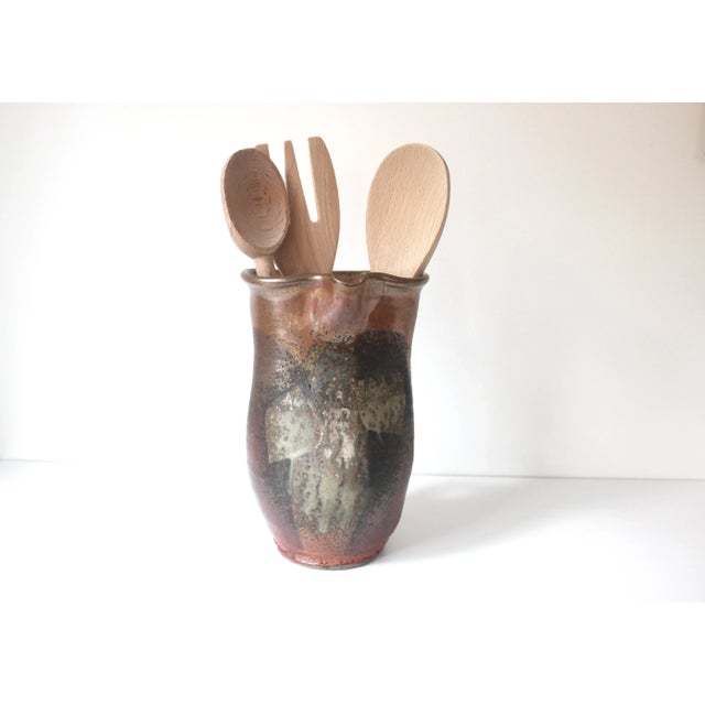 Japanese Vintage Handmade Pottery Pitcher Jug With Handle Raku, Japanese Style For Sale - Image 3 of 10