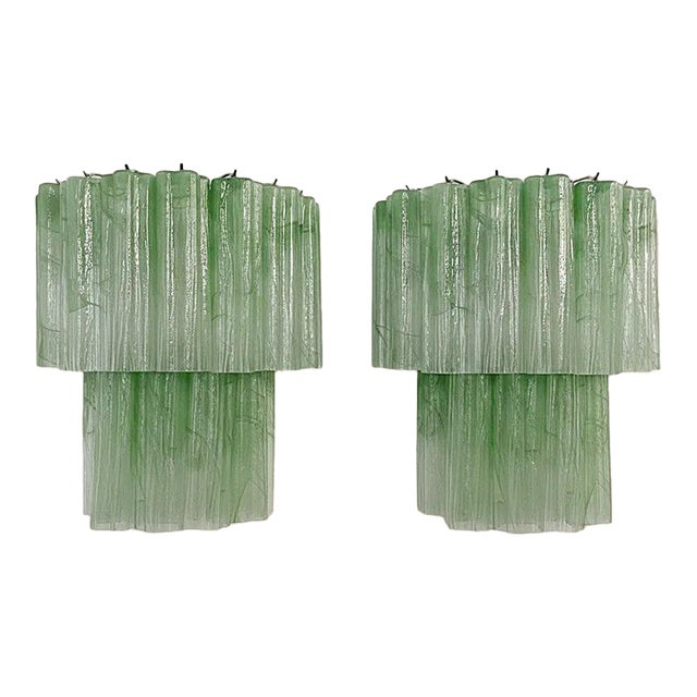 Pair of Italian Murano Green Alabaster Glass Tube Wall Sconces in Polished Nickel, 13 Tubes Each For Sale