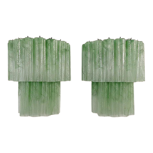 Pair of Italian Murano Green Alabaster Glass Tube Wall Sconces in Polished Nickel, 13 Tubes Each