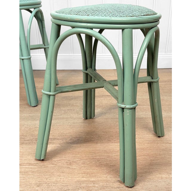 Vintage Coastal Rattan Turquoise Round Wicker Stools - A Pair For Sale - Image 6 of 13