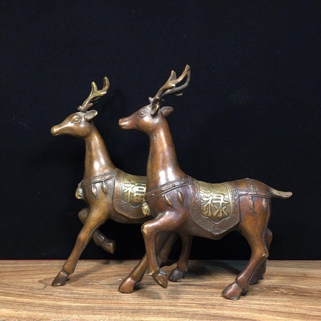 Pair of Vintage Gilt Bronze Deer Figures | Chinese Fu Lu Symbol | Chinoiserie Decor For Sale In Los Angeles - Image 6 of 9