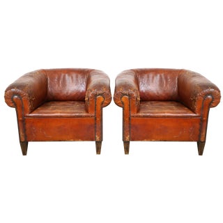 Set of Antique Leather Club Armchairs For Sale