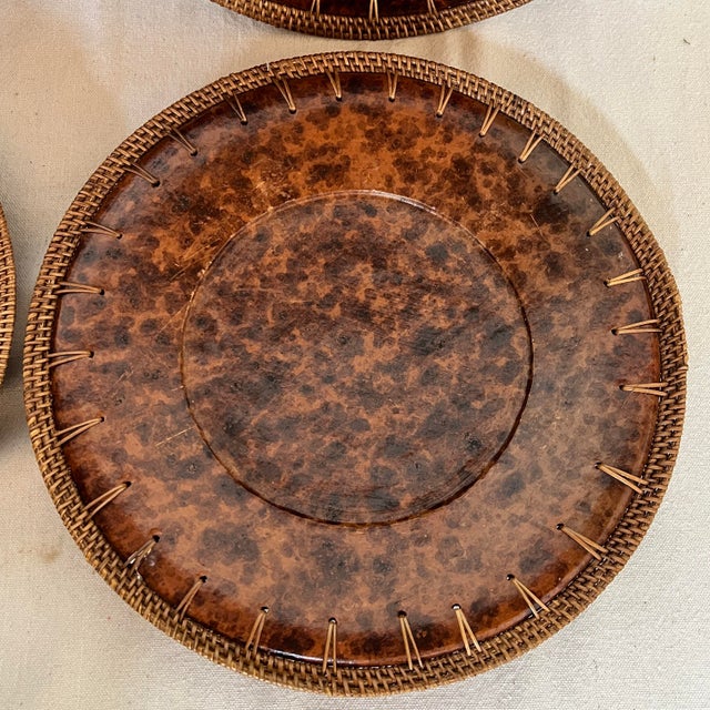 Ceramic Vintage Faux Tortoise Shell Plate Chargers With Wicker Rim - Set of 4 For Sale - Image 7 of 10