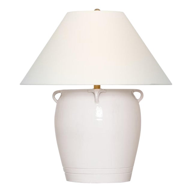 Chapman & Myers by Visual Comfort Signature Fasano 28" Table Lamp in Glossy White Crackle with Linen Shade For Sale