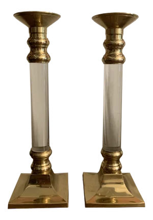 Mid-Century Modern Lucite & Brass Candle Holders or Candlesticks- Set of 2