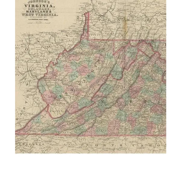 Antique Map of Virginia, Delaware, Maryland and West Virginia by Johnson, 1872 For Sale - Image 3 of 5