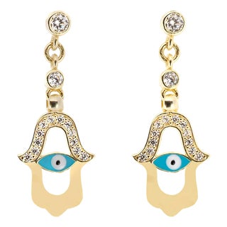 Turquoise Enamel Evil Eye Gold Plated Hamsa Earrings, A Pair For Sale