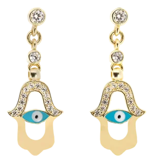 Turquoise Enamel Evil Eye Gold Plated Hamsa Earrings, A Pair