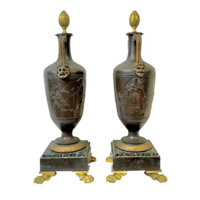 French Neoclassical Patinated Bronze and Marble Urn Vases, a Pair For Sale - Image 4 of 16
