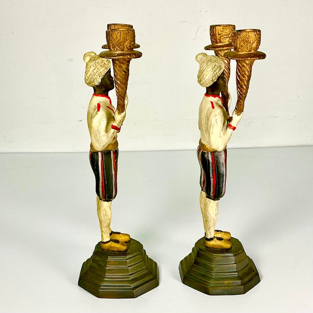 Early 1900s Antique Mediterranean Italian Venetian Moorish Painted Bronze Candelabras - A Pair For Sale - Image 14 of 17
