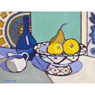 "Traveling Gifts of Prosperity" Contemporary Art, Blue and White, Horizontal, Lemons, Still Life Oil Painting by Catherine J Martzloff For Sale