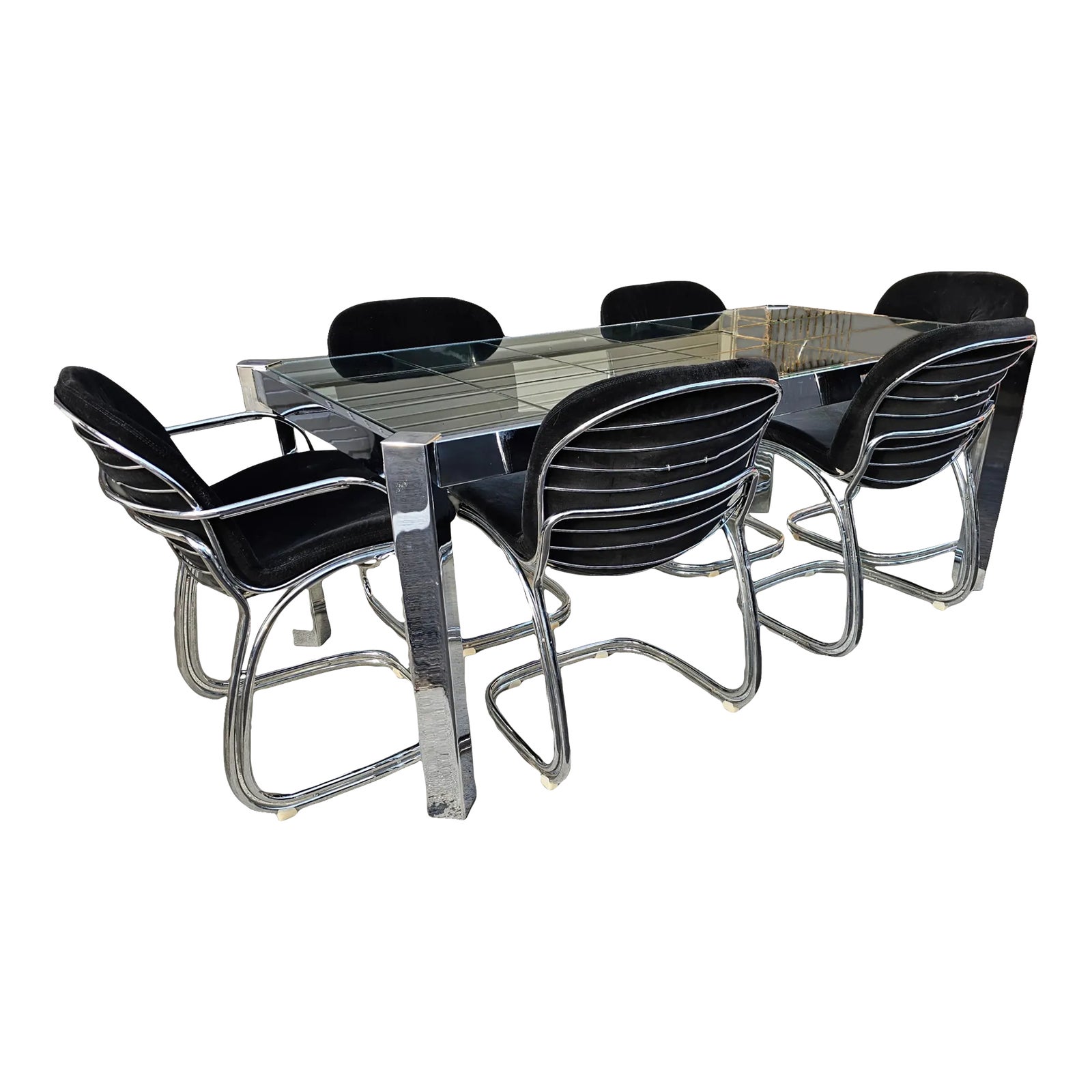 1970s Dia (Unsigned) Chrome & Incised Glass Canted Leg Dining Table ...
