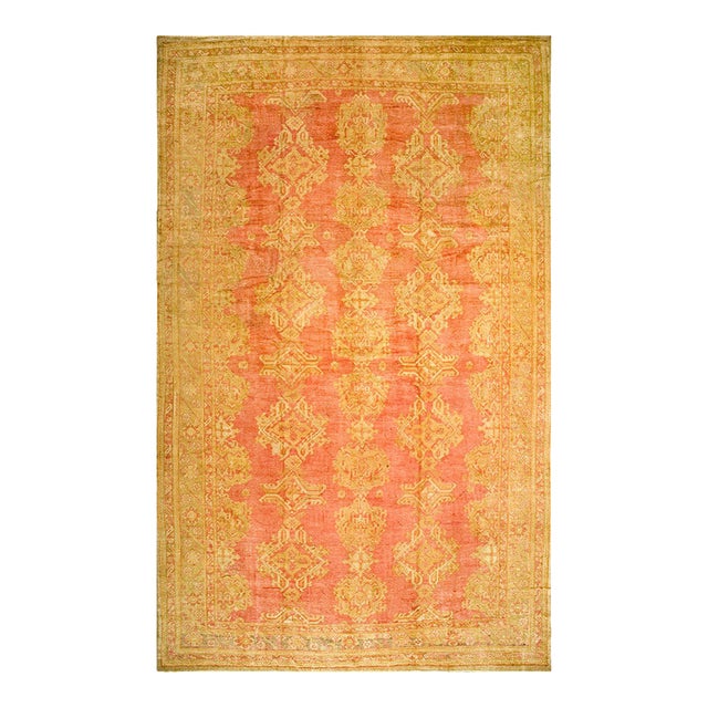1930s Rose Tribal Large Scale Antique Turkish Oushak Rug 13'2" X 21'2" Handknotted Wool Carpet For Sale