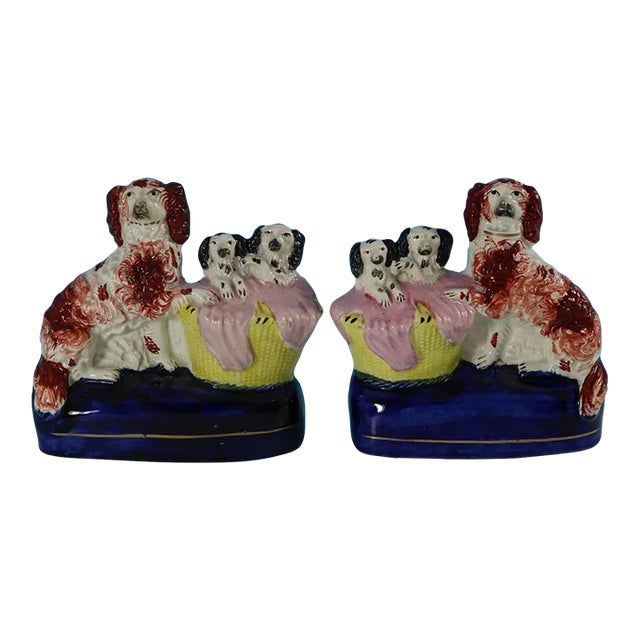 Pair Staffordshire Spaniel and Pups in Wash Baskets For Sale