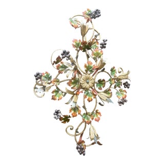 Italian Large Tole Grape Vine Flower Flush Mount Light Fixture For Sale