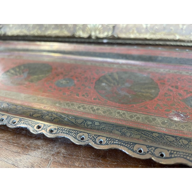 Metal Vintage Hand-Etched Peacock Serving Tray - Made in India For Sale - Image 7 of 11