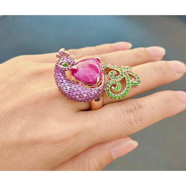 Bochic "Orient" Vintage Emerald Ruby & Pink Sapphire Ring - 18K Gold & Silver For Sale In New York - Image 6 of 18