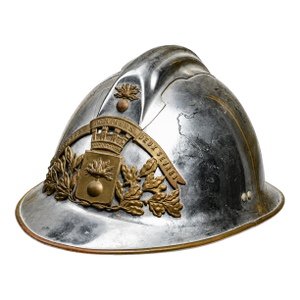 Fascinating Antique French France Fireman's Helmet Decorative Silver Tone Metal With Bronze Crest Home Decor