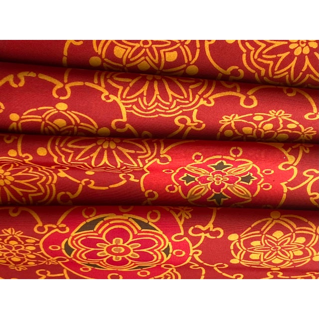 Vintage kimono silk by the roll. Red circular flowers in red and yellow - gold (not metallic) colors 14 inches wide x 1...