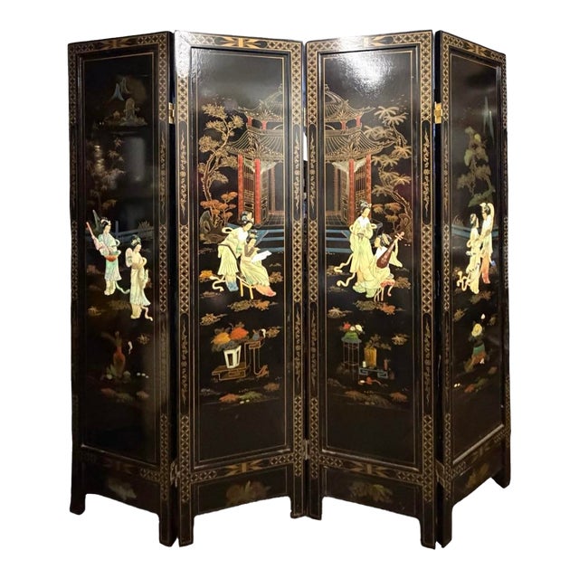 Vintage Chinese Black Lacquer 4-Panel Coromandel Screen 6ft Hand Painted For Sale