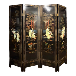 Vintage Chinese Black Lacquer 4-Panel Coromandel Screen 6ft Hand Painted