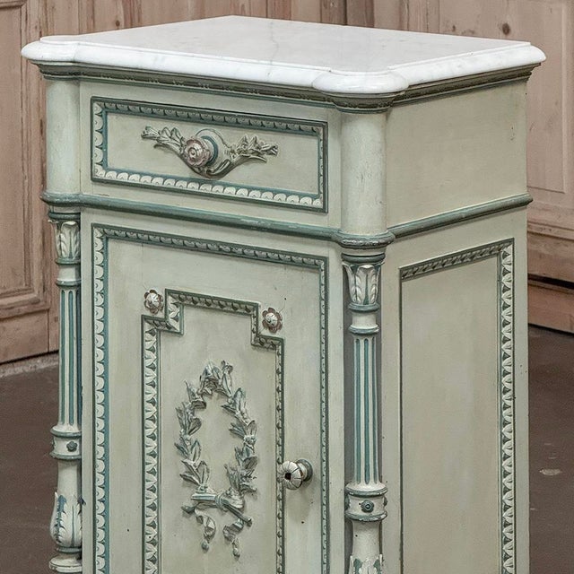 Mid 19th Century Pair 19th Century French Louis XVI Painted Nightstands With Carrara Marble For Sale - Image 5 of 18