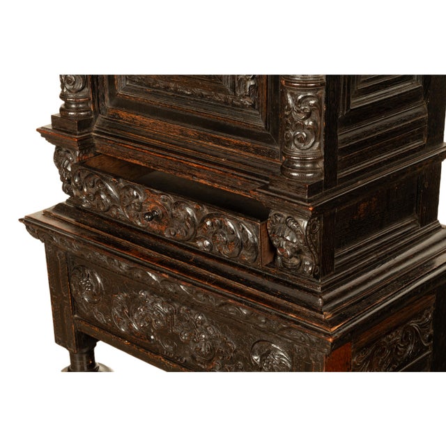 Antique 17th Century Dutch Carved Ebonized Oak Credence Cabinet on Stand 1680 For Sale - Image 9 of 16