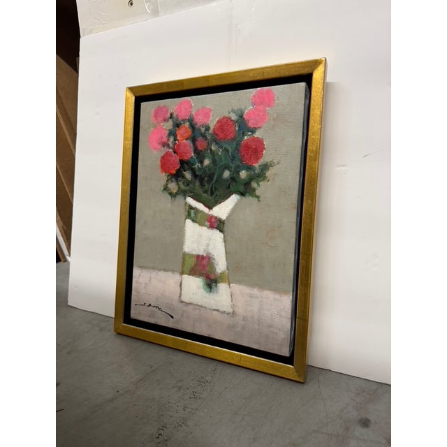 Wood Red Bouquet in a White Vase", by S. Burr, Oil on Canvas For Sale - Image 7 of 8
