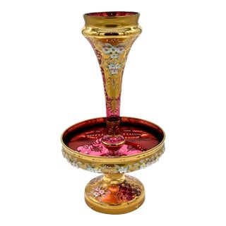 Antique Moser Bohemian Cranberry Glass Epergne Gold Gilt With Raised Enamel Floral Design For Sale