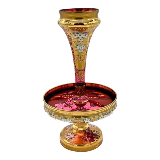 Antique Moser Bohemian Cranberry Glass Epergne Gold Gilt With Raised Enamel Floral Design For Sale