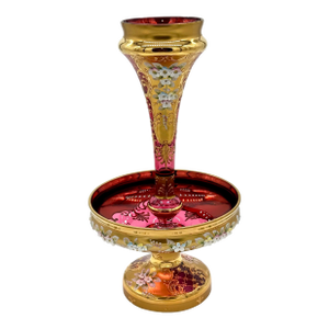 Antique Moser Bohemian Cranberry Glass Epergne Gold Gilt With Raised Enamel Floral Design
