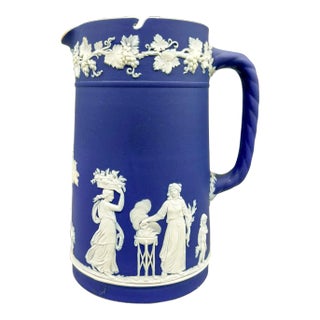 19th Century Wedgwood Jasperware Water Pitcher – Blue and White Greek Scene With Lid For Sale