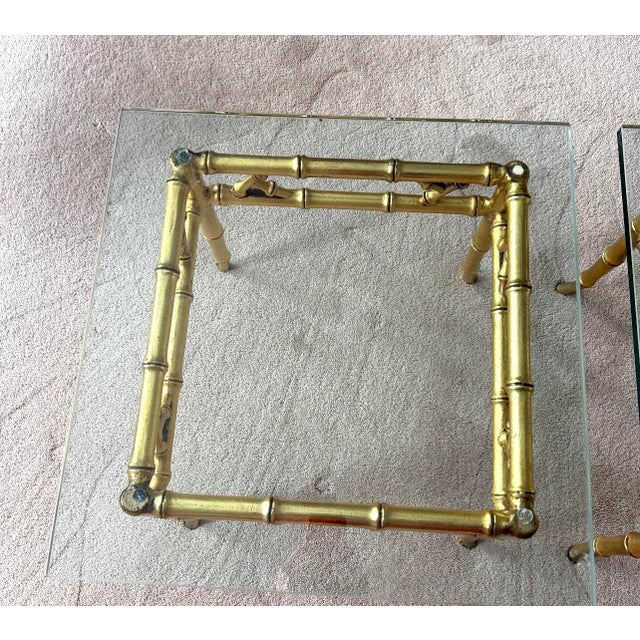 Glass Pair of Phyllis Morris Style Gilt Faux Bamboo Gold Side Tables For Sale - Image 7 of 10