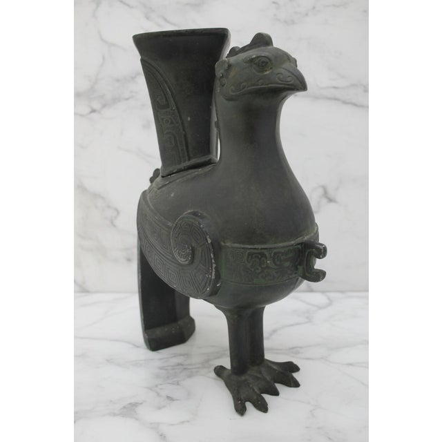 Chinese Phoenix Rooster Zun Shang Style Bronze Ware Ceremonial Wine Vessel Vase For Sale - Image 4 of 18