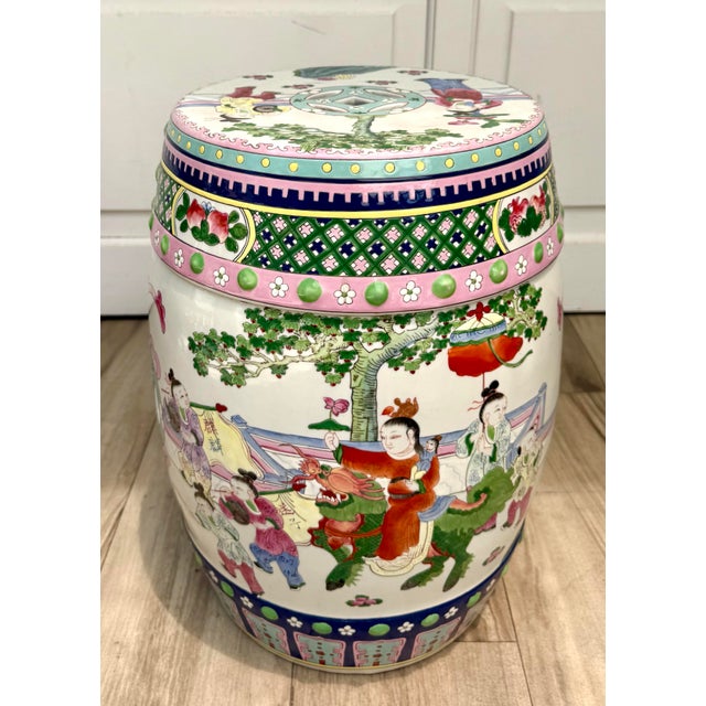 Ceramic Mid-20th C. Chinese Hand-Painted Porcelain Garden Stool With Figural Scenes For Sale - Image 7 of 12