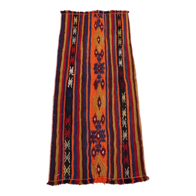 1970s Turkish Ethnic Design Striped Orange Small Kilim Rug For Sale
