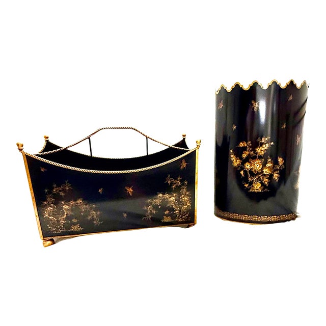 Pair of Vintage Italian Hand-Painted Chinoiserie Tole Accessories for Bergdorf Goodman For Sale