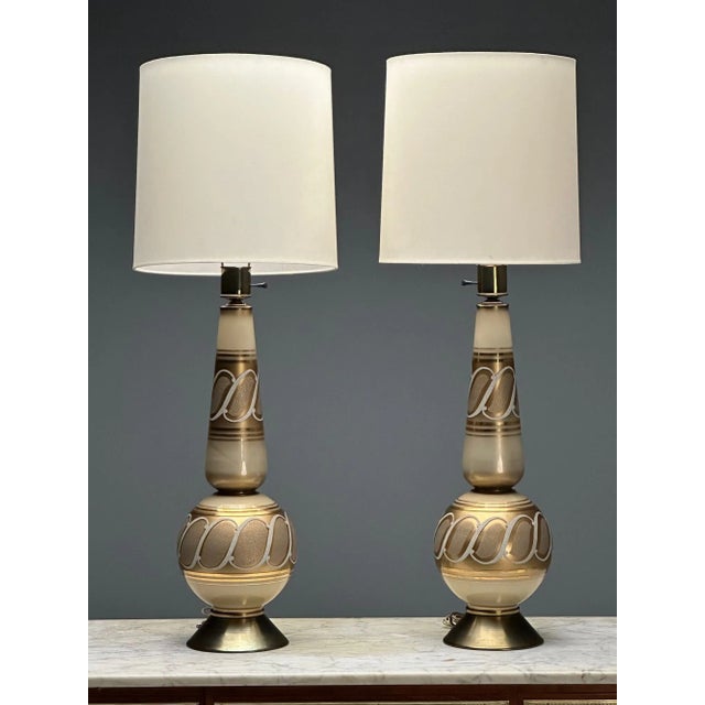 1960s Italian Mid-Century Modern, Large Table Lamps, Gold Glass, Brass, Italy, 1960s For Sale - Image 5 of 11