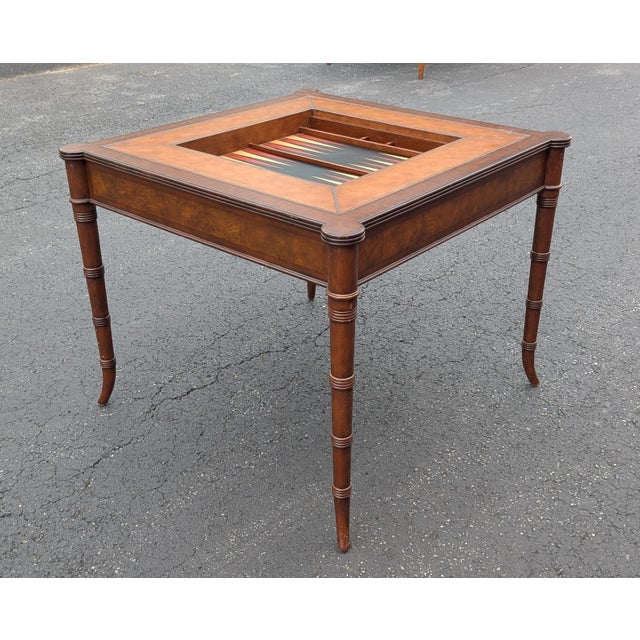 Mid 20th Century Ethan Allen Hollywood Regency Inlaid Leather Game Table With Cane-Cut Legs For Sale - Image 11 of 14