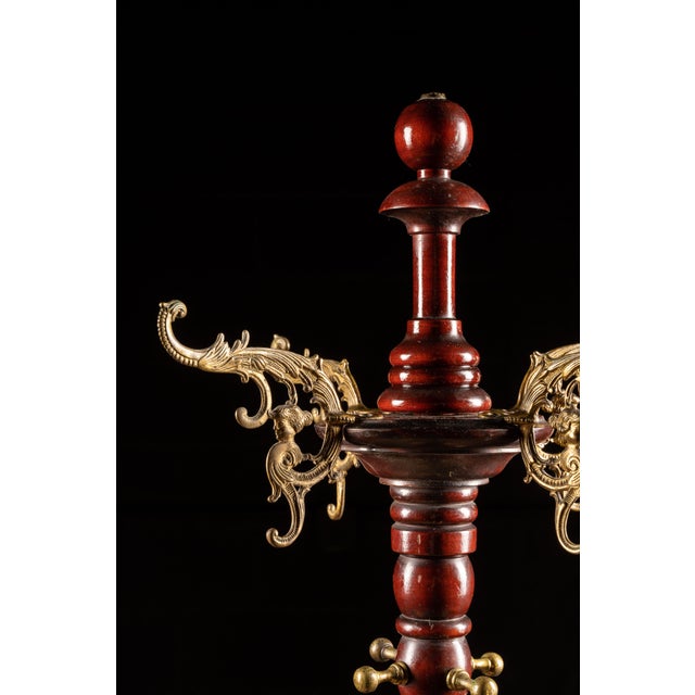 Mission Antique Mahogany and Brass Ornamental Coat Rack For Sale - Image 3 of 6