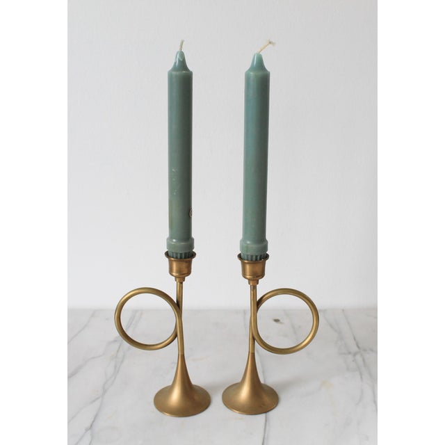 Vintage Brass Trumpet Candle Holders For Sale - Image 4 of 6