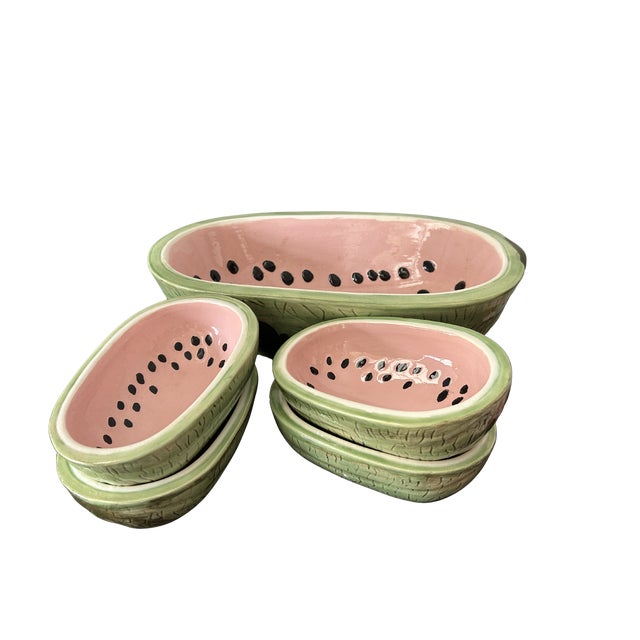 Ceramic Vintage Mid-Century Modern Watermelon Ceramic Hand-Painted Trompe L’Oeil Fruit Bowls – 5-Piece For Sale - Image 7 of 11